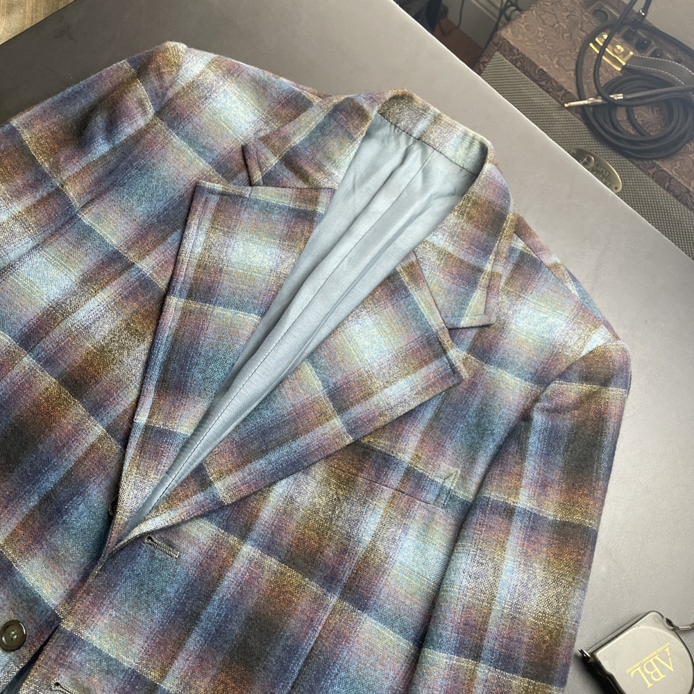 VTG 1960's El Greco 40S Seoul Korea Men's Wool Blazer Blue Brown Multi AMAZING!